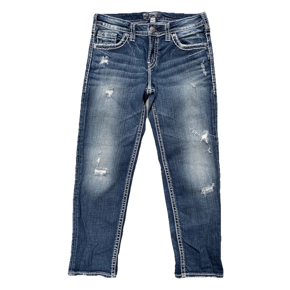 Silver Jeans Aiko Women's Dark Wash Distressed Skinny Jeans Size 28 Stretch